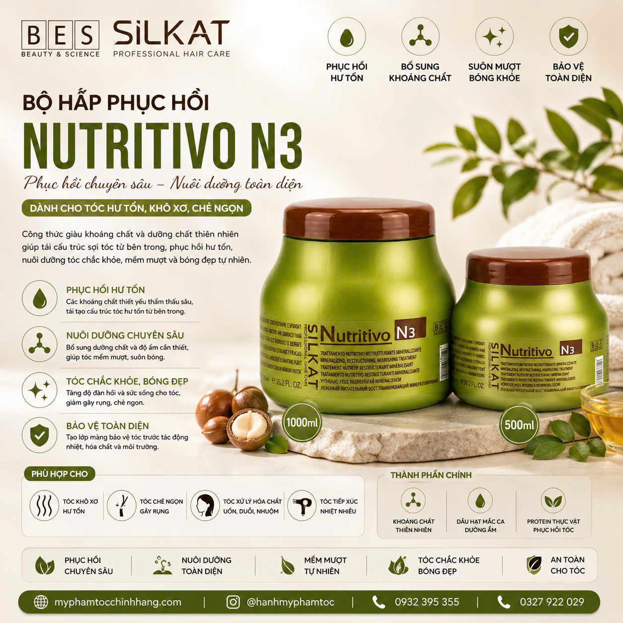 DẦU GỘI VÀ MẶT NẠ Ủ BES HERGEN SILKAT N1 N3  500ML - 1000ML