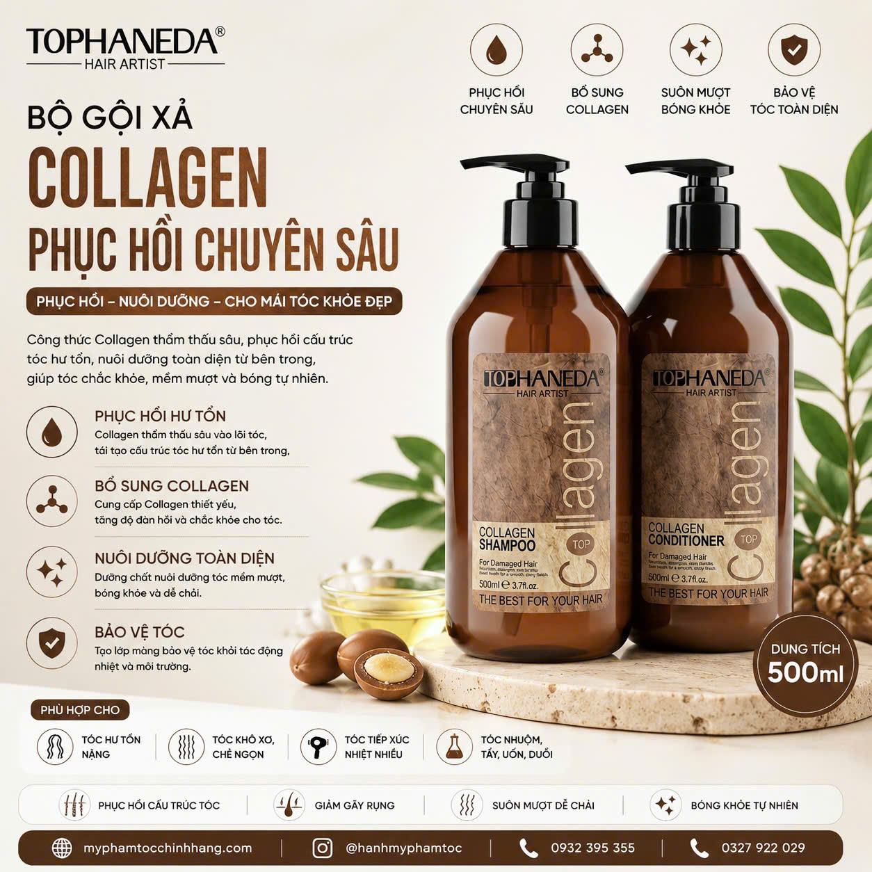 Dầu Gội Xả Top Haneda Collagen Shampoo & Conditioner 500ml - 785ml