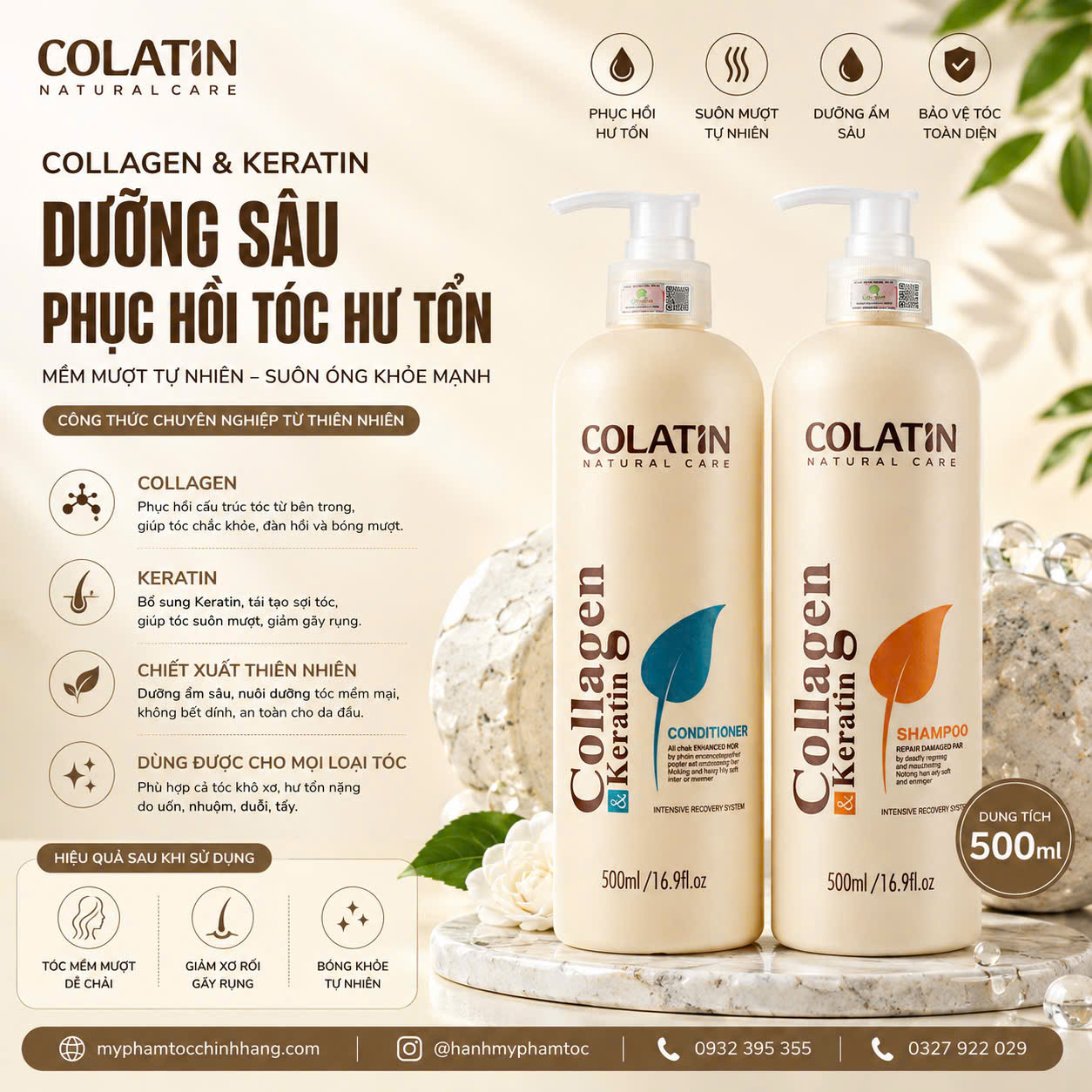 Dầu gội và xả phục hồi Colatin Collagen & Keratin  Natural Care 500ml 1000ml