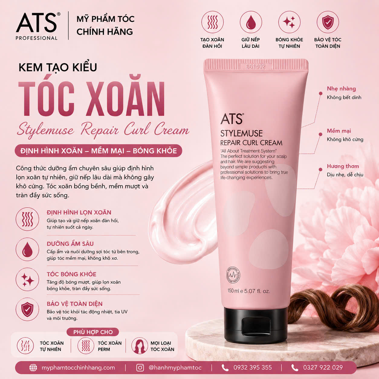 Kem tạo kiểu dành cho tóc xoăn ATS Stylemuse Repair Curl Cream 150ml