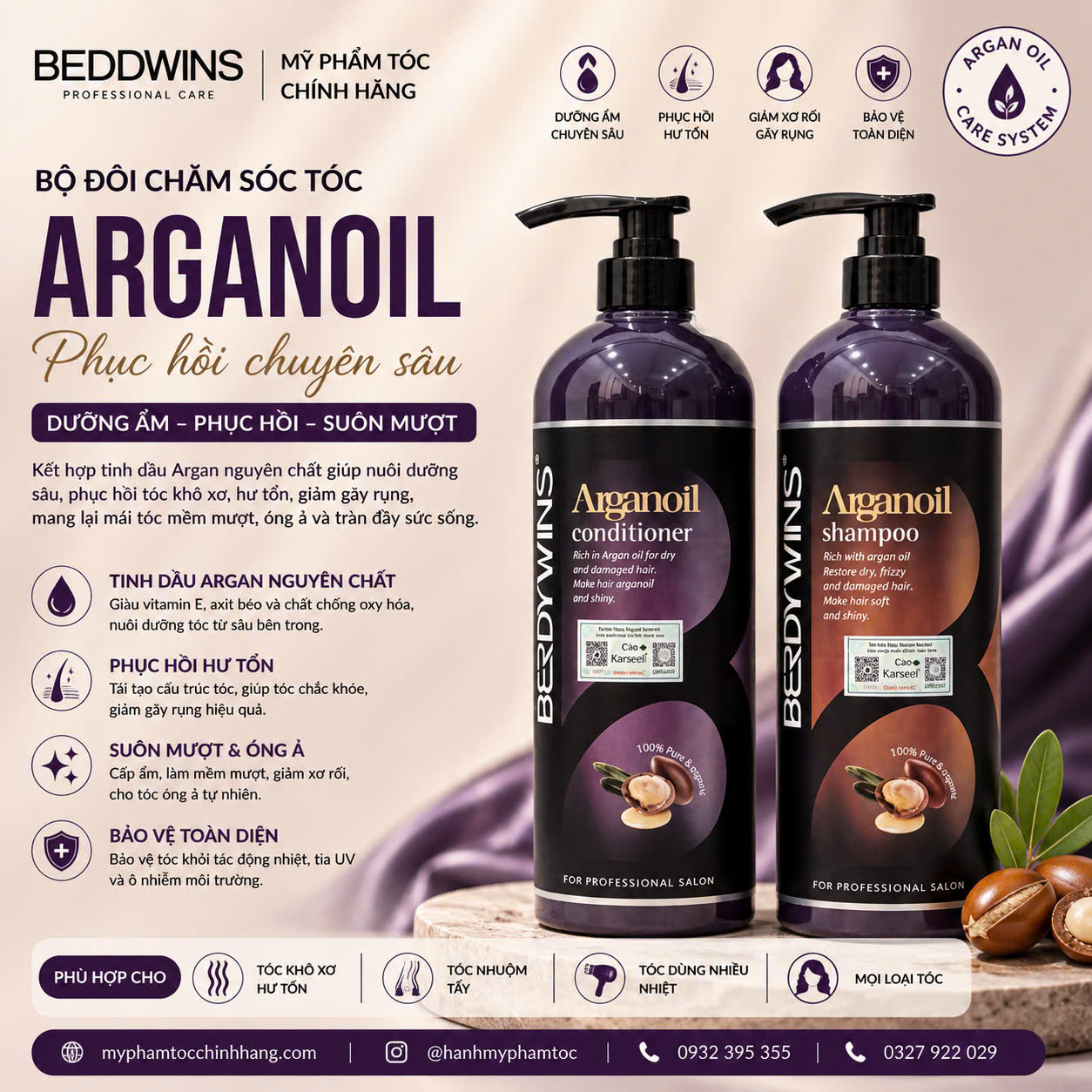 DẦU GỘI XẢ BERDYWINS ARGAN OIL Shampoo, Conditioner 1000ml+HẤP TÓC Mask Berdywins 500ML