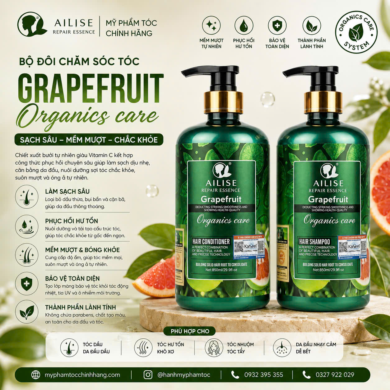 Dầu Gội, DầuXả Và Dầu Hấp Bưởi Ailise Grapefruit 850ML