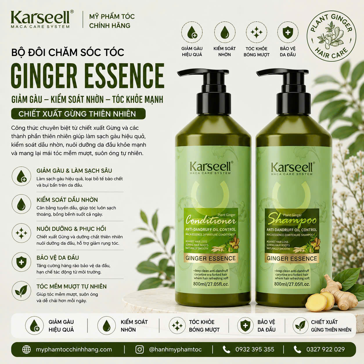 Dầu gội xả Karseell BNC chiết xuất gừng 800ml