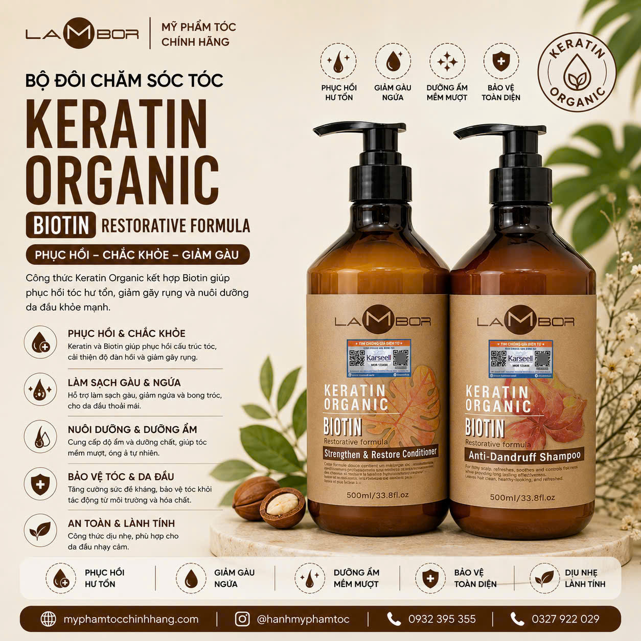 Dầu gội xả Lambor keratin organic biotin 500ml - 1000ml