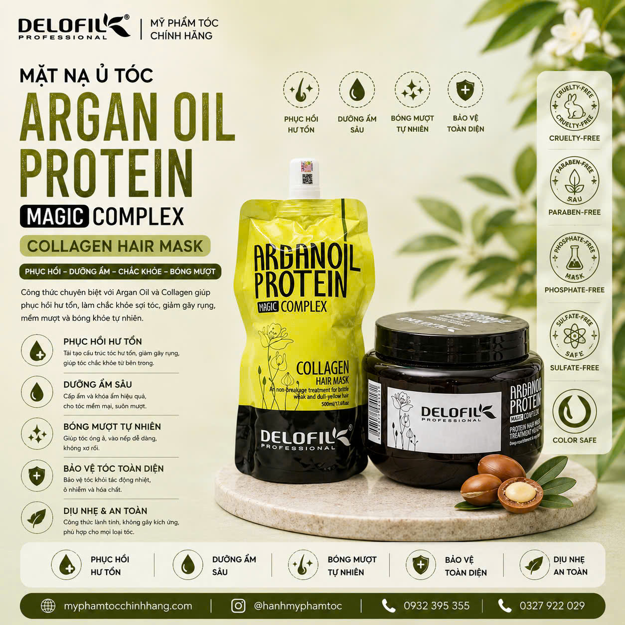 (CHÍNH HÃNG 100%) HẤP PHỤC HỒI CHUYÊN SÂU DELOFIL ARGAN OIL 500ML
