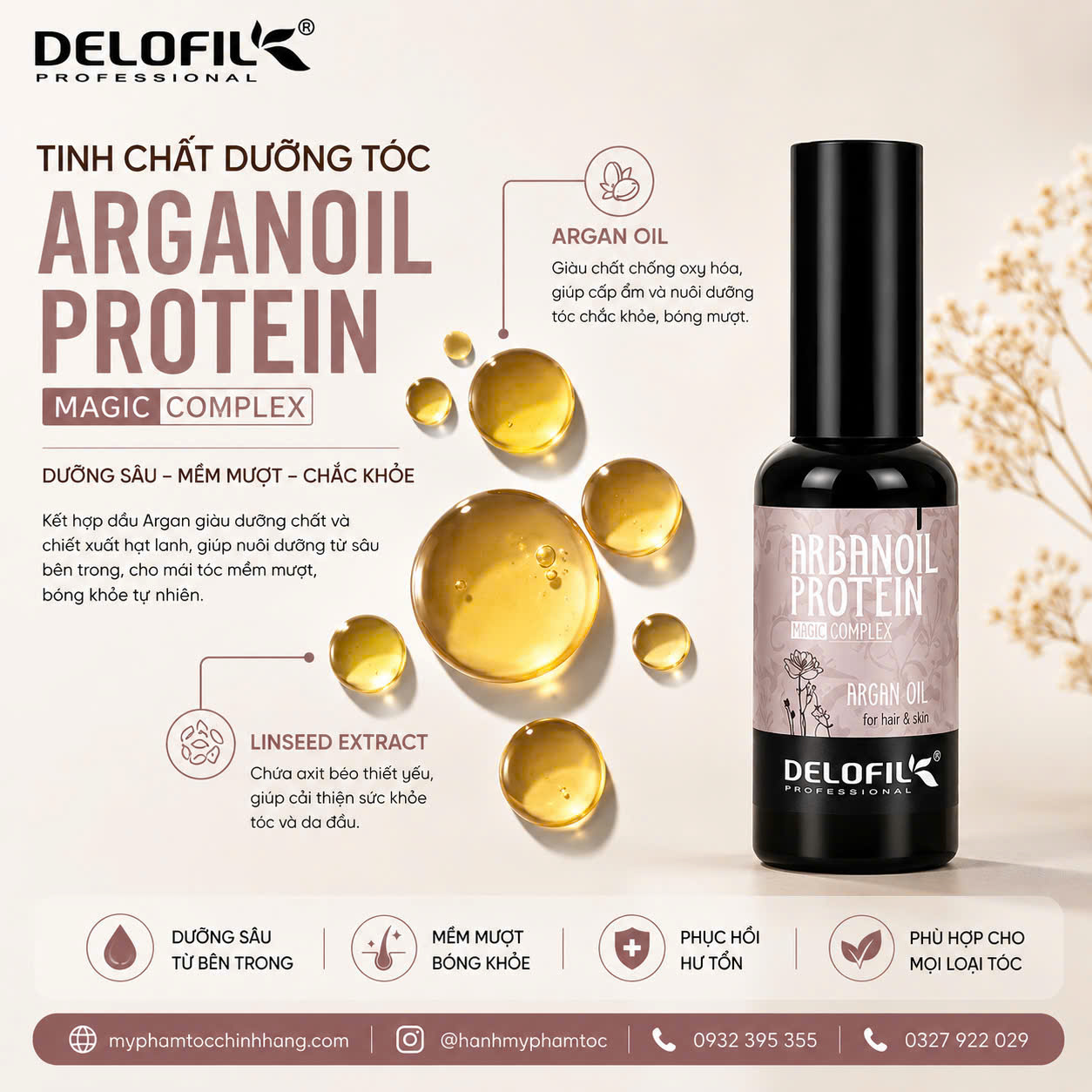 TINH DẦU DELOFIL ARGAN OIL PHỤC HỒI TÓC HƯ TỔN BÓNG MƯỢT 50ML HAIR TREATMENT