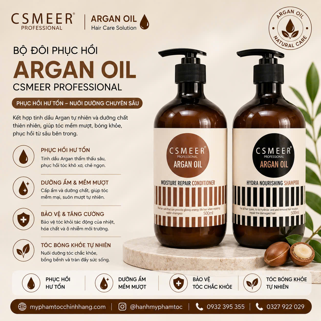 Cặp Dầu Gội Xả Phục Hồi Hư Tổn CSMEER Argan Oil Hydra Nourishing Shampoo & Conditioner 500ml 750ml