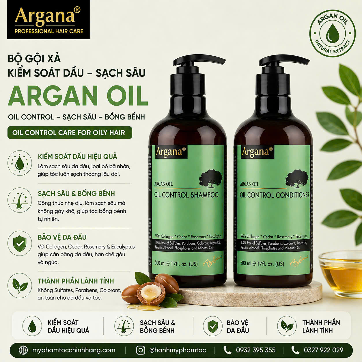 Bộ dầu gội xả ARGANA kiểm soát dầu, làm sạch tóc bết nhờn Oil-Control 500ml/ 750ml