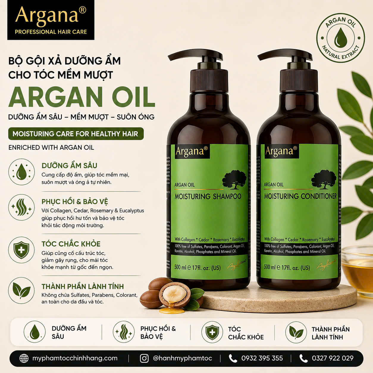 Dầu gội xả ARGANA dưỡng ẩm phục hồi tóc khô xơ Moisturizing 500ml/ 750ml