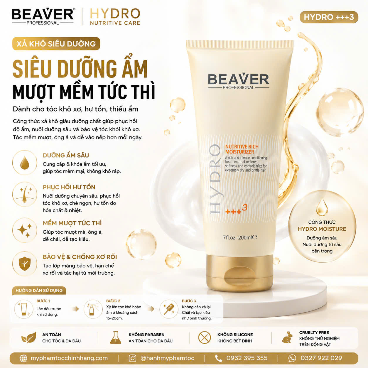 Kem dưỡng tóc không xả BEAVER Hydro Nutritive dưỡng ẩm chuyên sâu BEAVER Hydro Nutritive Rich Moisturize Leave-in Cream) 200ml