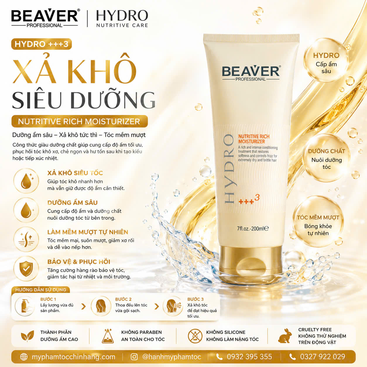 Kem dưỡng tóc không xả BEAVER Hydro Nutritive dưỡng ẩm chuyên sâu BEAVER Hydro Nutritive Rich Moisturize Leave-in Cream) 200ml