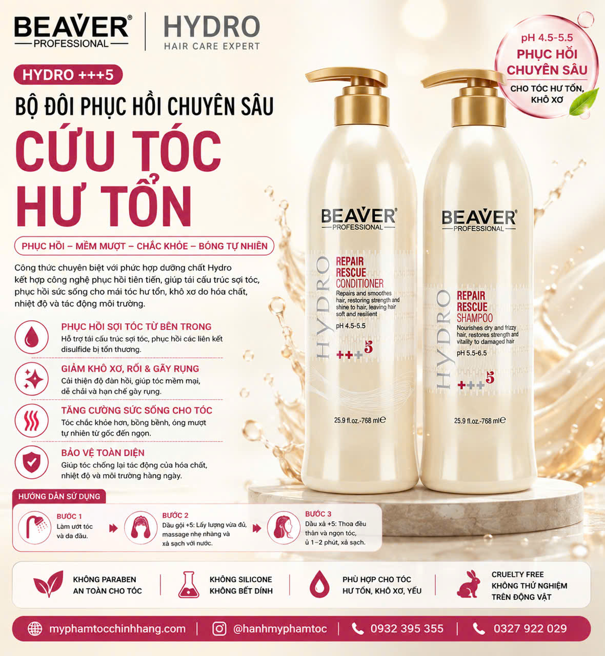 Dầu gội xả BEAVER 5 phục hồi chuyên sâu tóc hư tổn (BEAVER Hydro Repair Rescue Shampoo & Conditioner No.5)