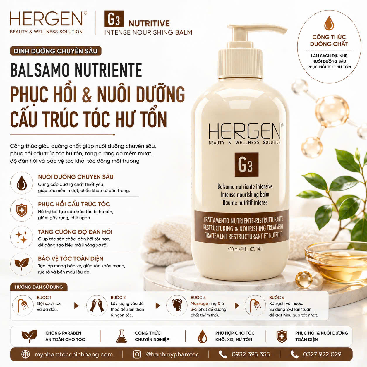 Xả khô Bes Hergen G3 tái tạo và nuôi dưỡng tóc 400ml - 1000ml