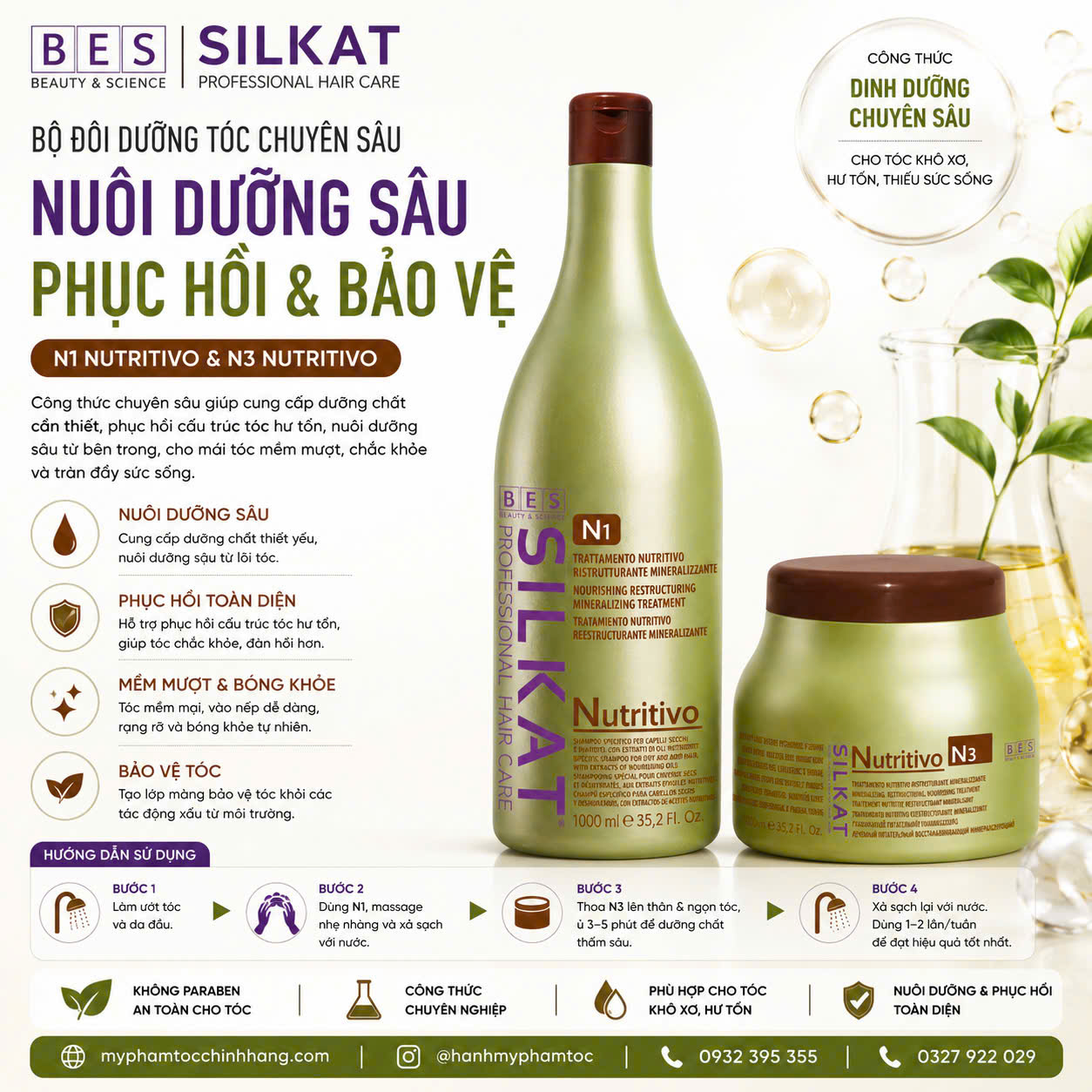 DẦU GỘI VÀ MẶT NẠ Ủ BES HERGEN SILKAT N1 N3  500ML - 1000ML