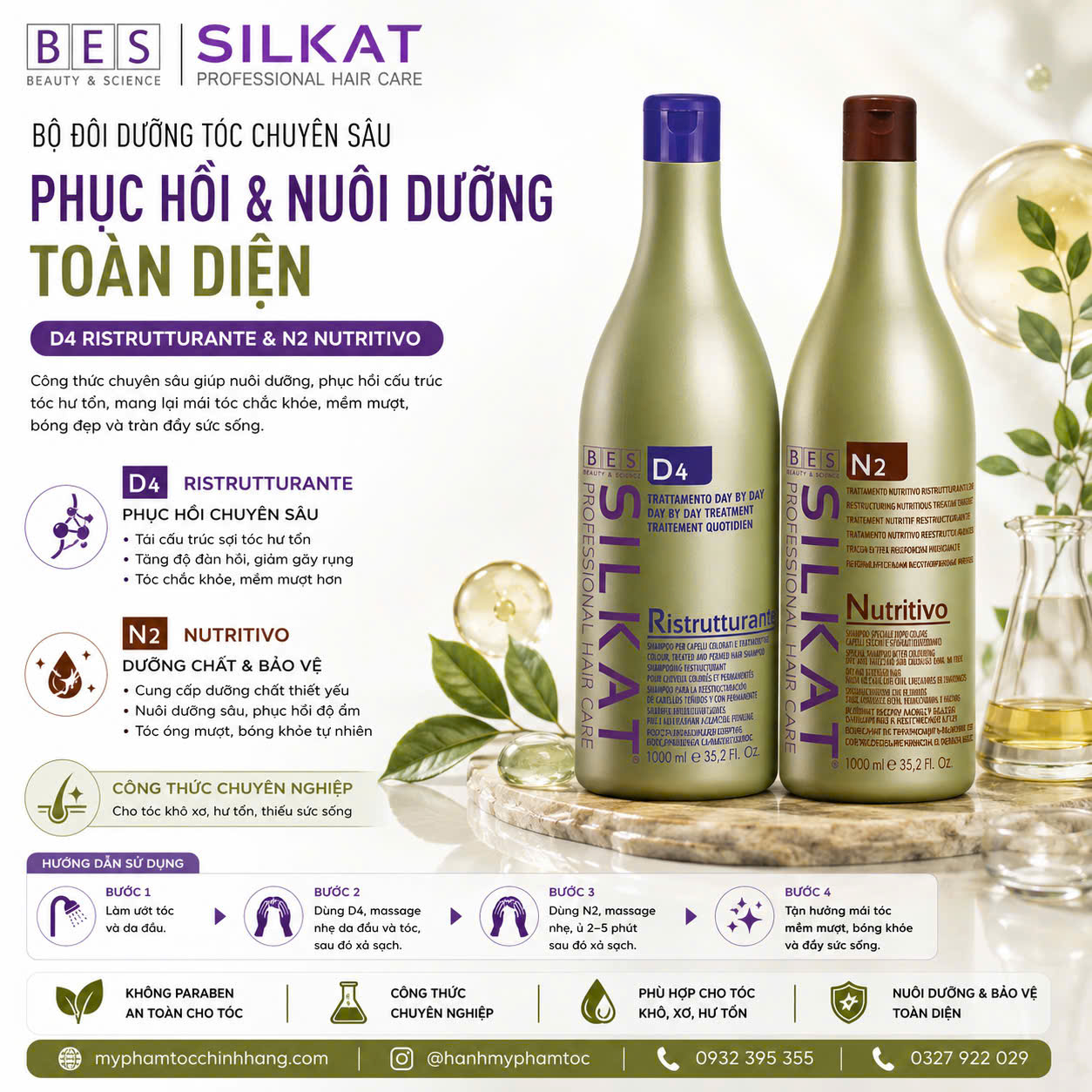 DẦU GỘI BES SILKAT PHỤC HỒI TÓC D4 Repairing Shampoo +DẦU XẢ SILKAT SIÊU MƯỢT D2  Smoothing Conditioner 1000ML