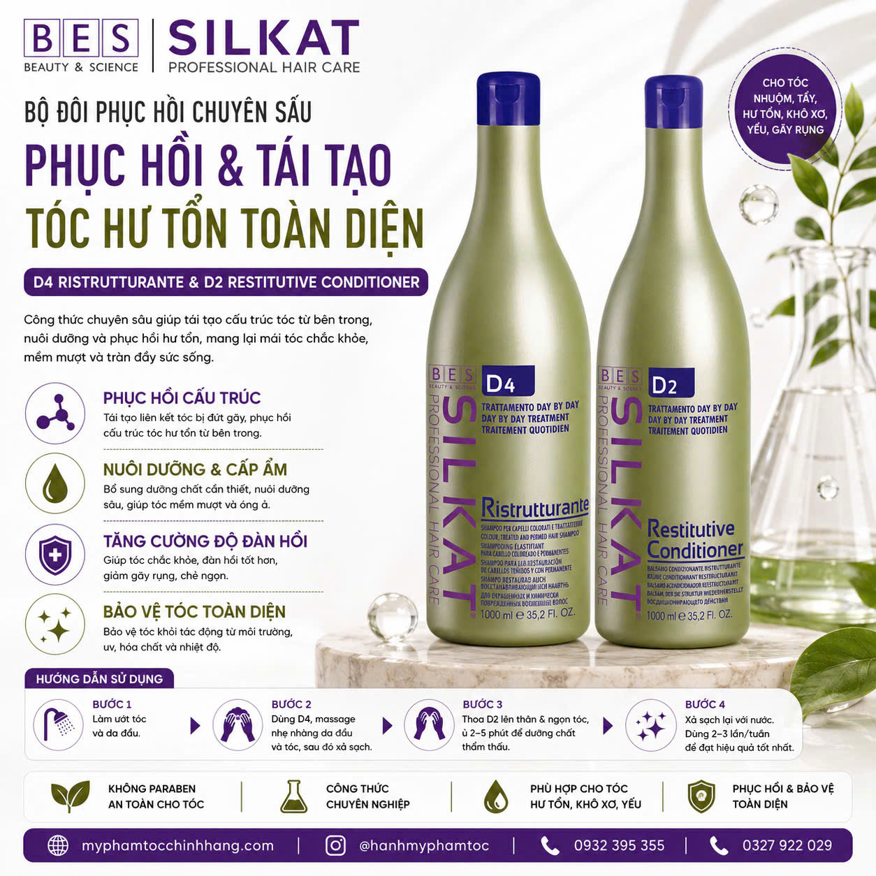 DẦU GỘI BES SILKAT PHỤC HỒI TÓC D4 Repairing Shampoo +DẦU XẢ SILKAT SIÊU MƯỢT D2  Smoothing Conditioner 1000ML