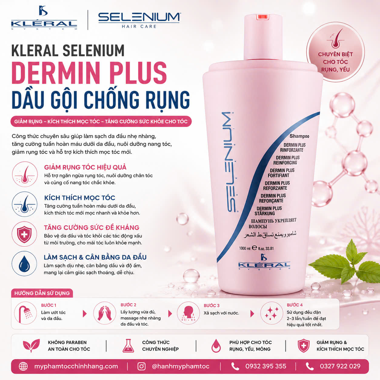 Dầu gội chống rụng tóc KLERAL Dermin Plus Reinforcing Shampoo tăng cường sợi tóc