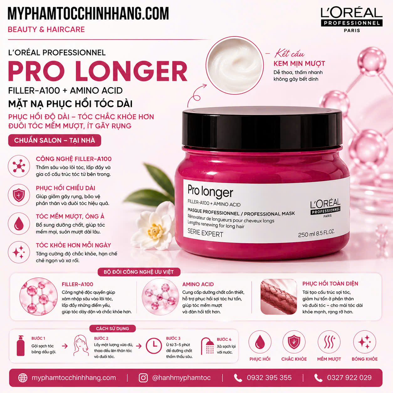 Bộ dầu gội xả hấp tóc L'Oréal Professionnel Pro Longer dành cho tóc dài yếu, ngọn tóc mảnh và dễ gãy