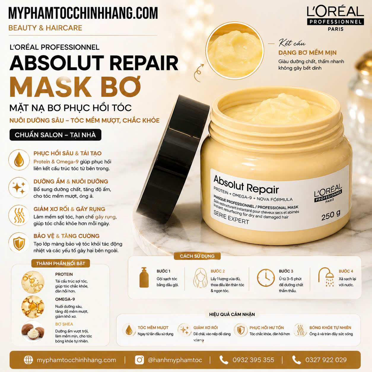 Dầu gội xả hâp, dầu dưỡng tóc phục hồi L'Oréal vàng Absolut Repair