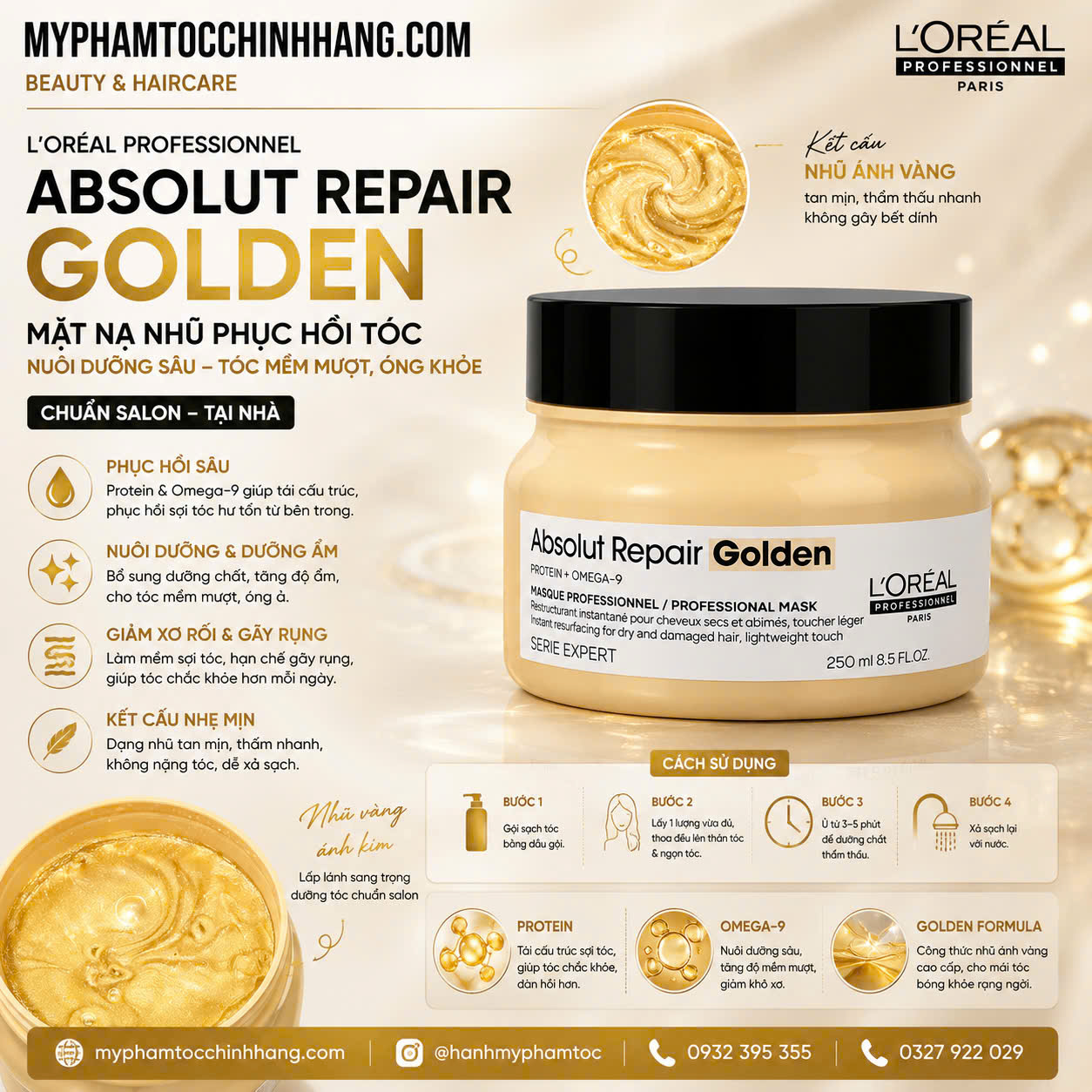 Dầu gội xả hâp, dầu dưỡng tóc phục hồi L'Oréal vàng Absolut Repair