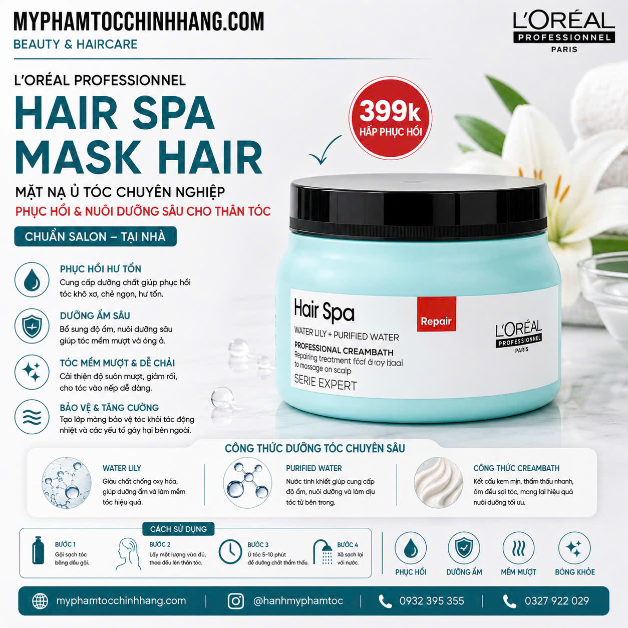 Hấp dầu L'oreal Hair Spa New Repair Phục Hồi- Nourishing Dưỡng Ẩm 2024 500ml