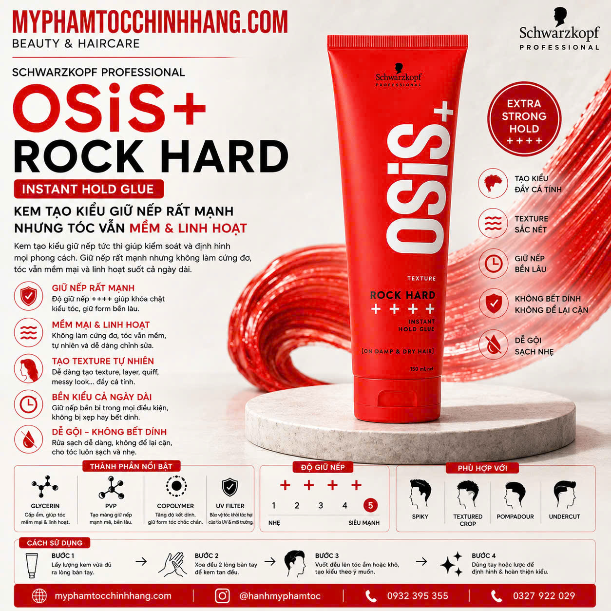 KEM TẠO NẾP TÓC NAM SIÊU CỨNG OSIS+4 ROCK HARD 150ML (vỏ mới)