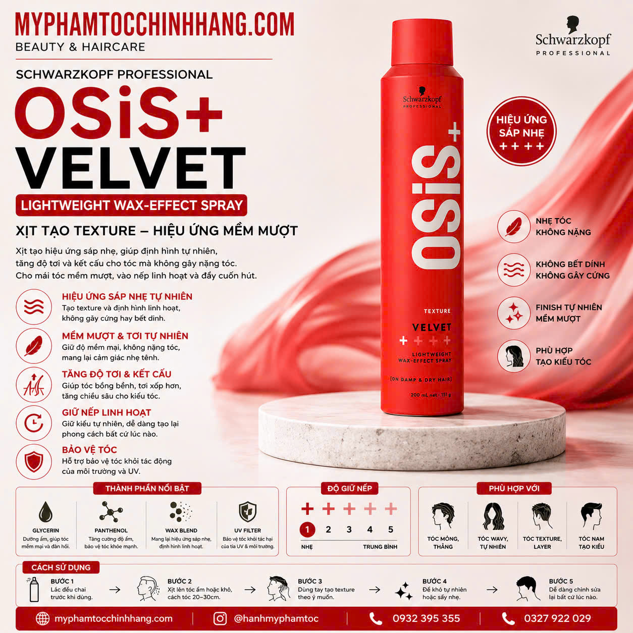 Gôm (keo xịt) Giữ Nếp Tóc Nhẹ Và Bóng Mượt OSIS+ VELVET 200ml
