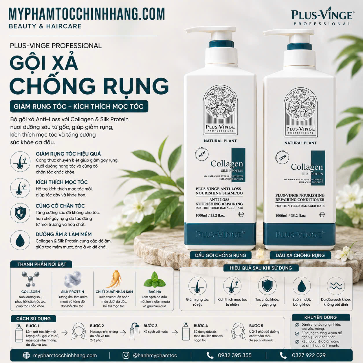 (Mẫu mới 2025) Cặp Dầu Gội Xả Collagen Vinge-plus  Phục Hồi, Giảm Rụng, Kích mọc tóc, giữ màu 1000ML