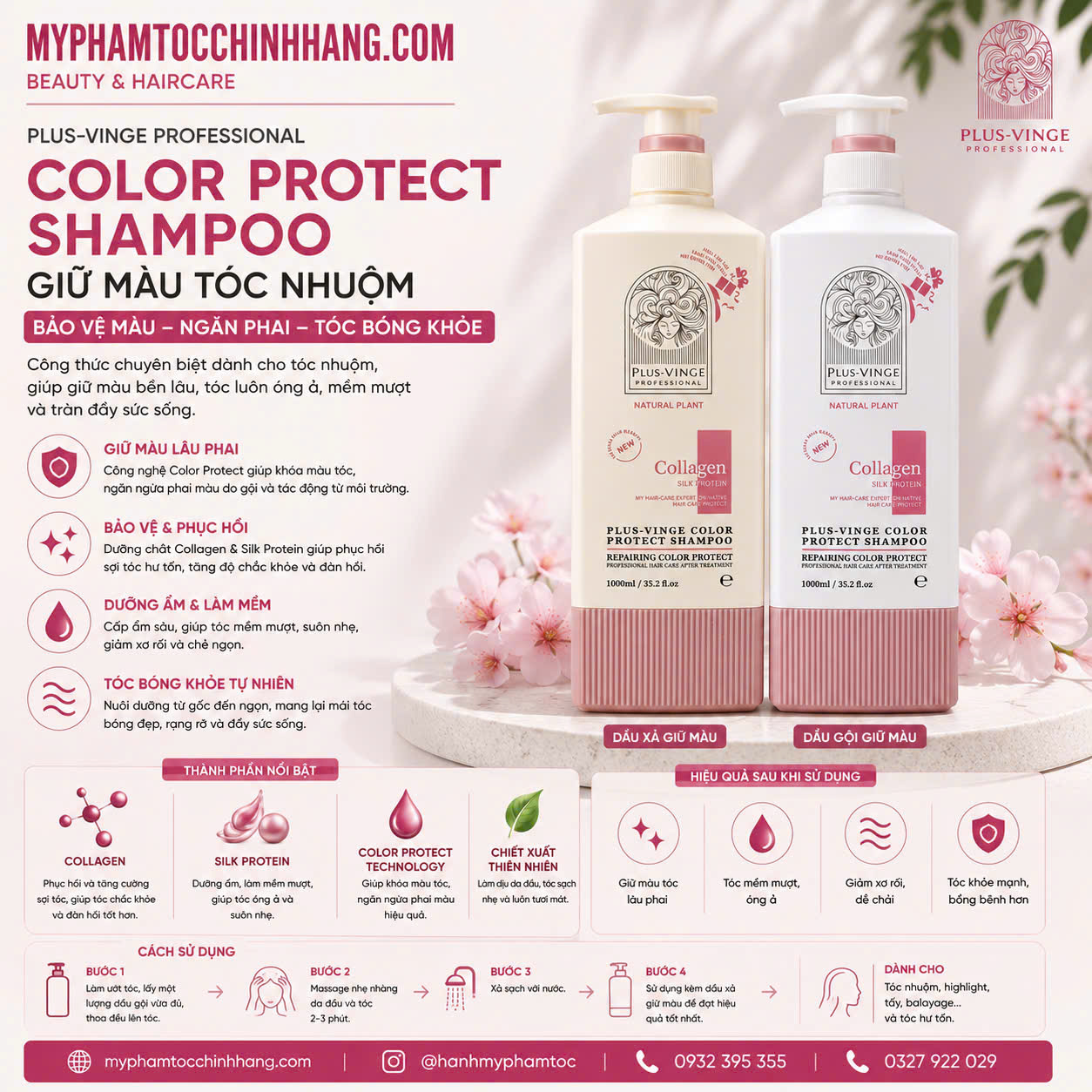 (Mẫu mới 2025) Cặp Dầu Gội Xả Collagen Vinge-plus  Phục Hồi, Giảm Rụng, Kích mọc tóc, giữ màu 1000ML