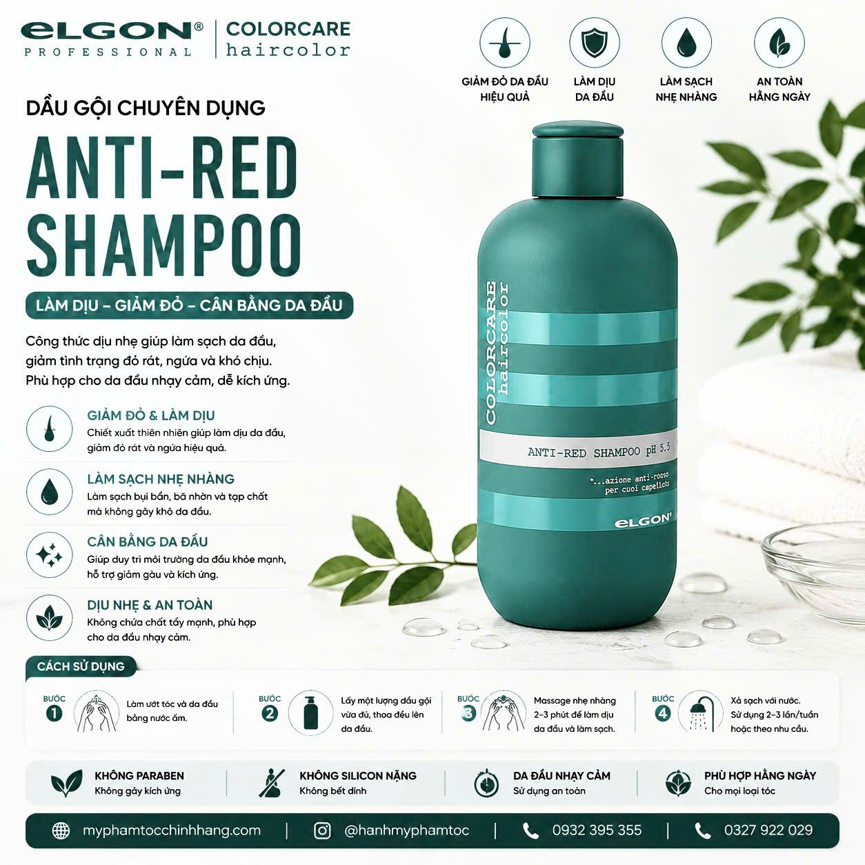 Dầu gội khử ánh đỏ giữ màu rêu Elgon ColorCare Anti-Red Shampoo pH6 300ml