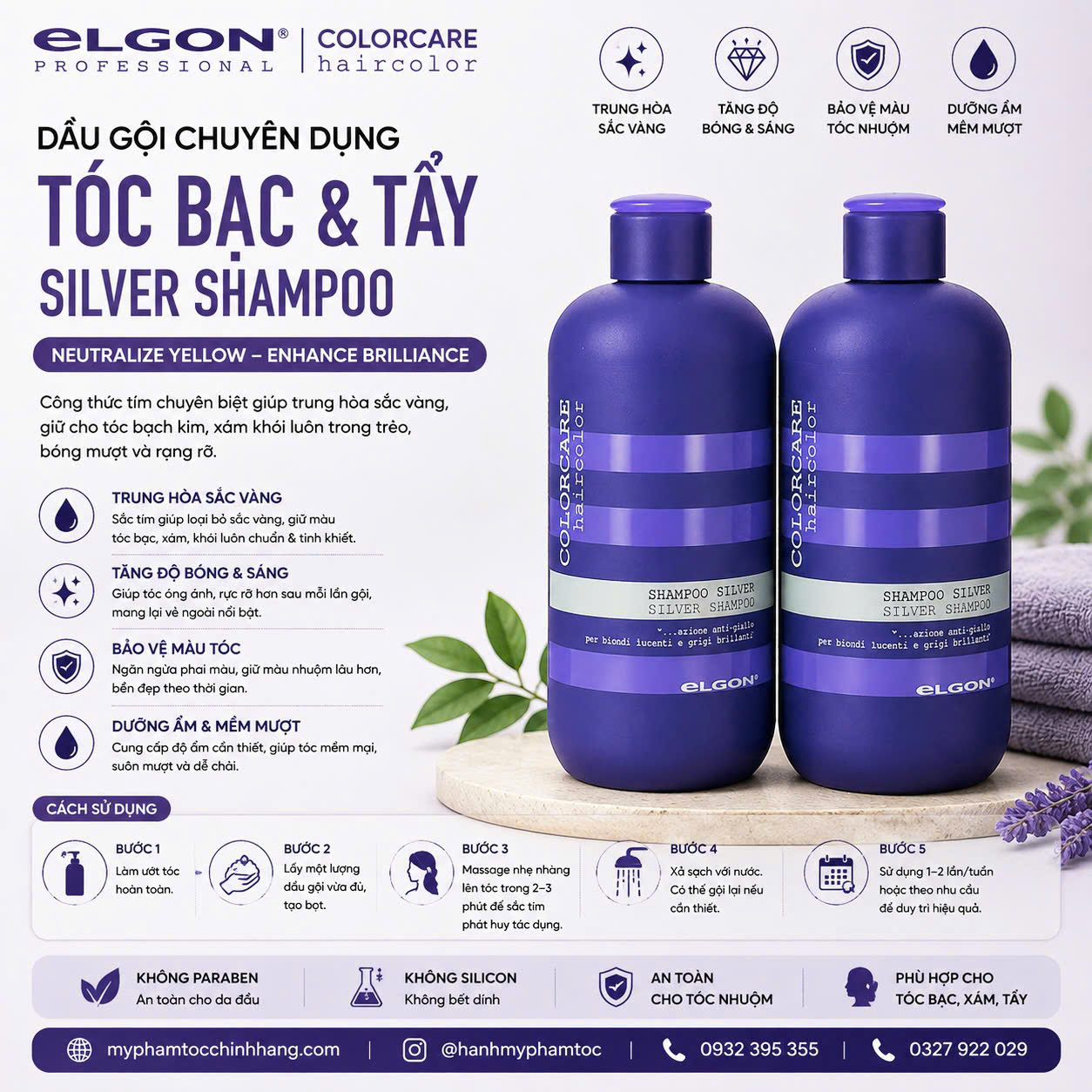 Dầu gội xả tím khử vàng Elgon Colorcare Silver Anti-Yellow