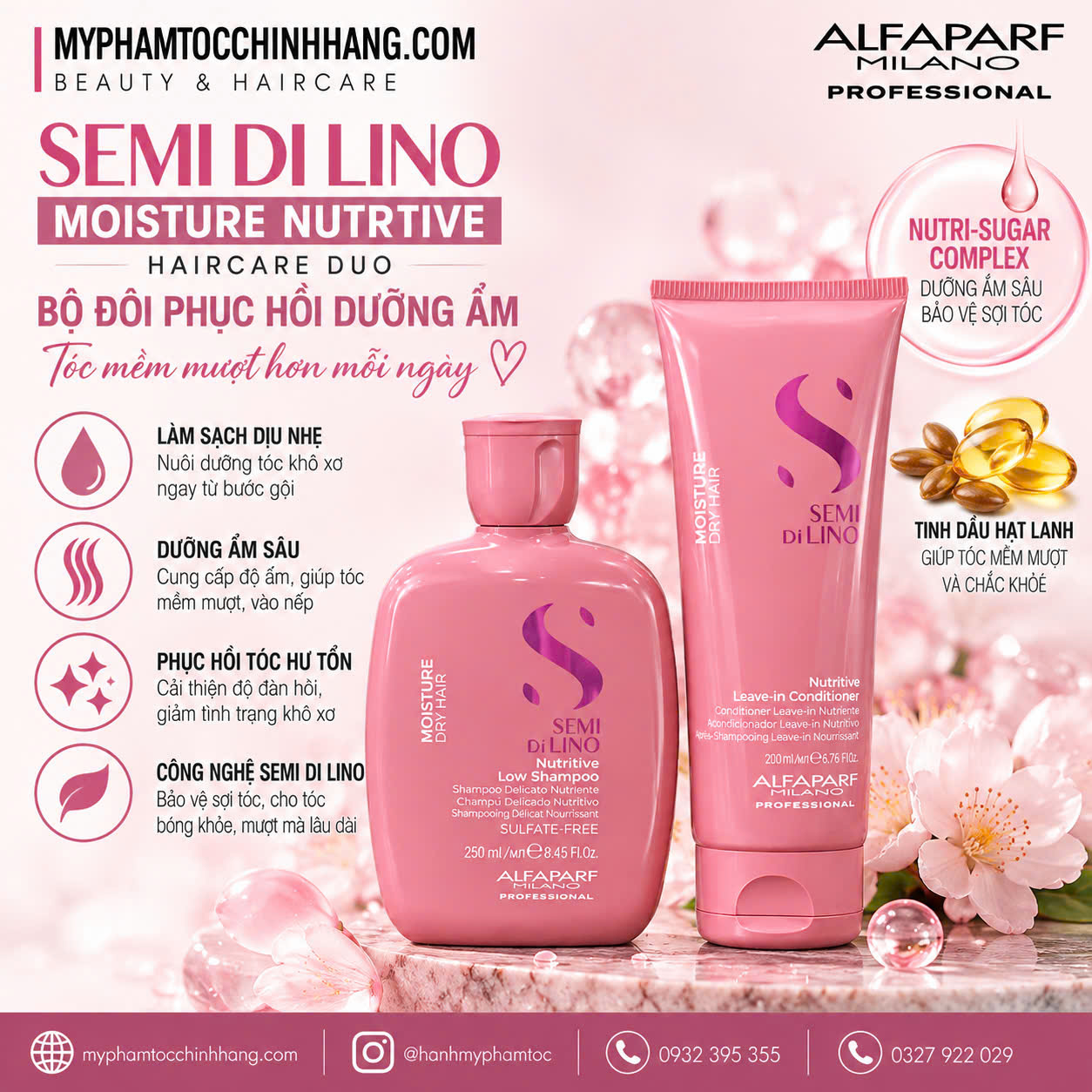 Dầu gội, mặt nạ tóc, kem xả khô giữ ẩm Alfaparf Milano SDL Moisture (Semi Di Lino Moisture Nutritive Low Shampoo, Mask & Leave-in Conditioner)