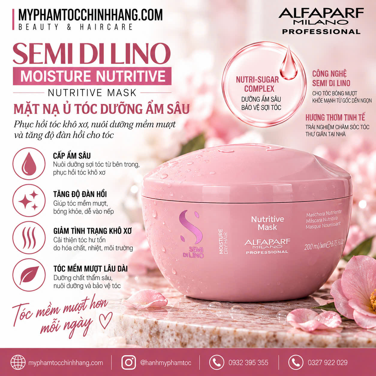 Dầu gội, mặt nạ tóc, kem xả khô giữ ẩm Alfaparf Milano SDL Moisture (Semi Di Lino Moisture Nutritive Low Shampoo, Mask & Leave-in Conditioner)