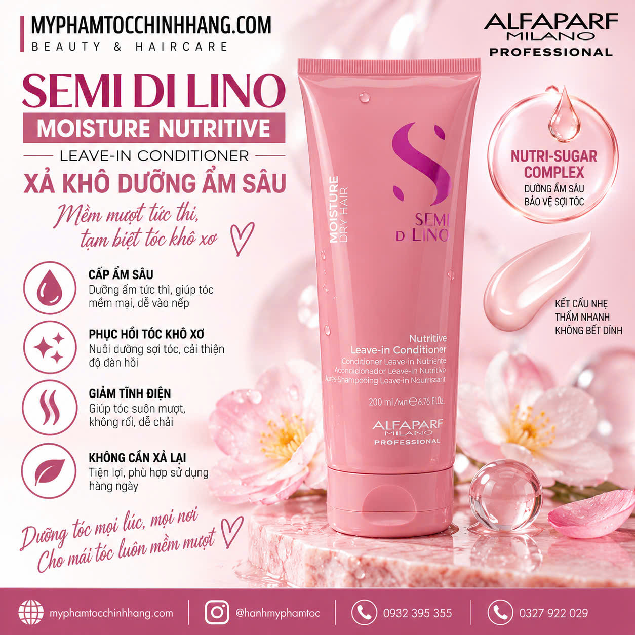 Dầu gội, mặt nạ tóc, kem xả khô giữ ẩm Alfaparf Milano SDL Moisture (Semi Di Lino Moisture Nutritive Low Shampoo, Mask & Leave-in Conditioner)