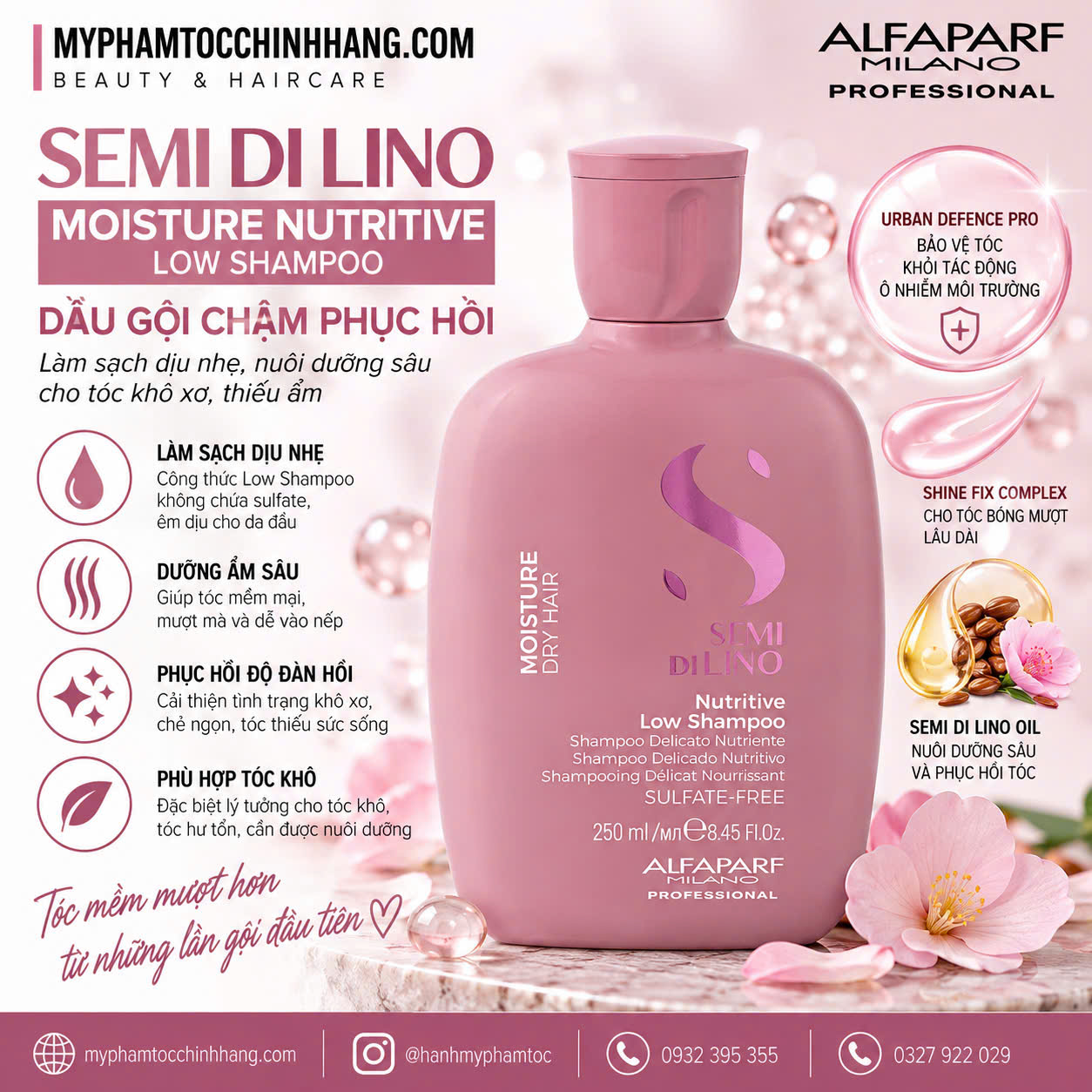 Dầu gội, mặt nạ tóc, kem xả khô giữ ẩm Alfaparf Milano SDL Moisture (Semi Di Lino Moisture Nutritive Low Shampoo, Mask & Leave-in Conditioner)