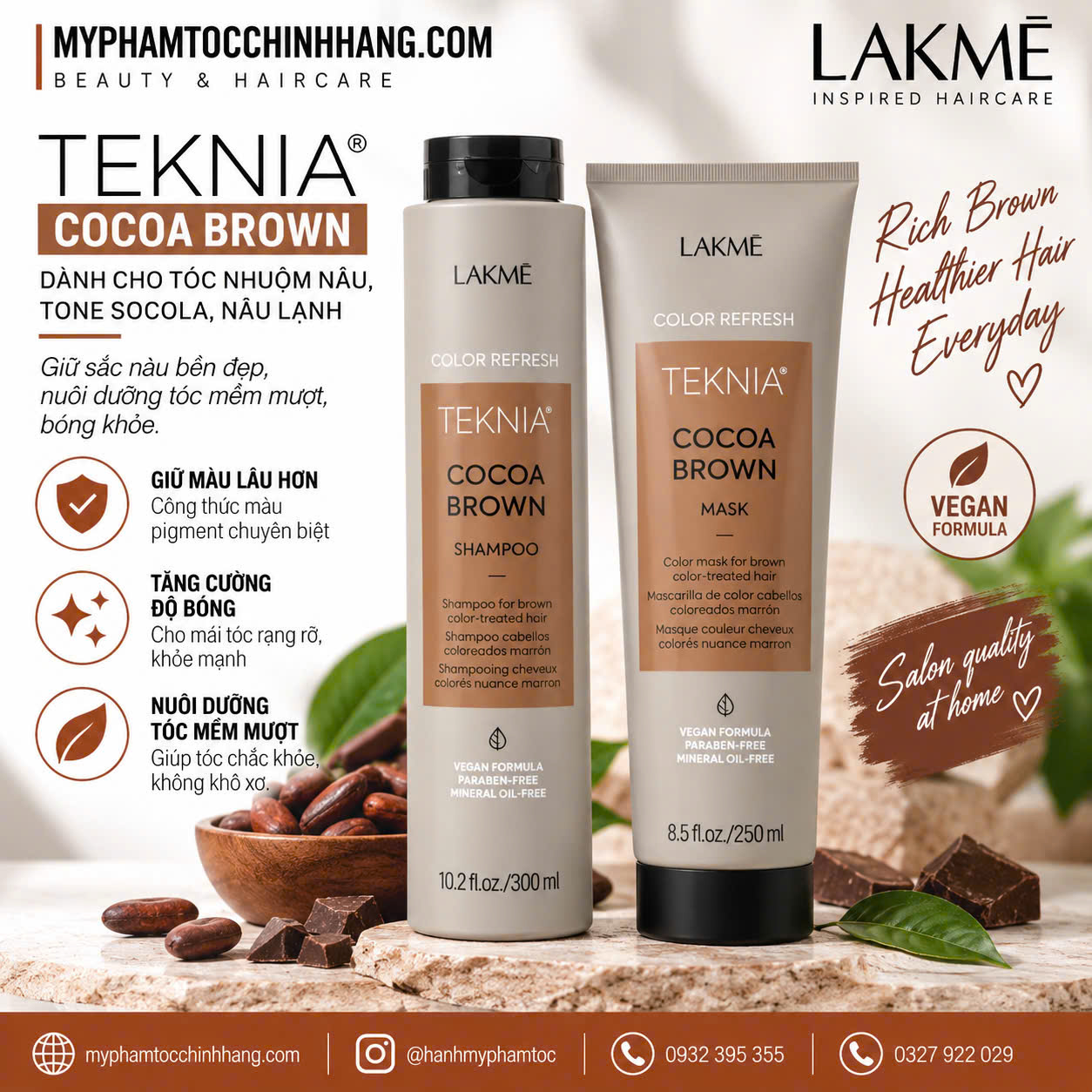 Dầu gội xả cho tóc nhuộm màu nâu LAKME Teknia Cocoa Brown 300ml - 250ml