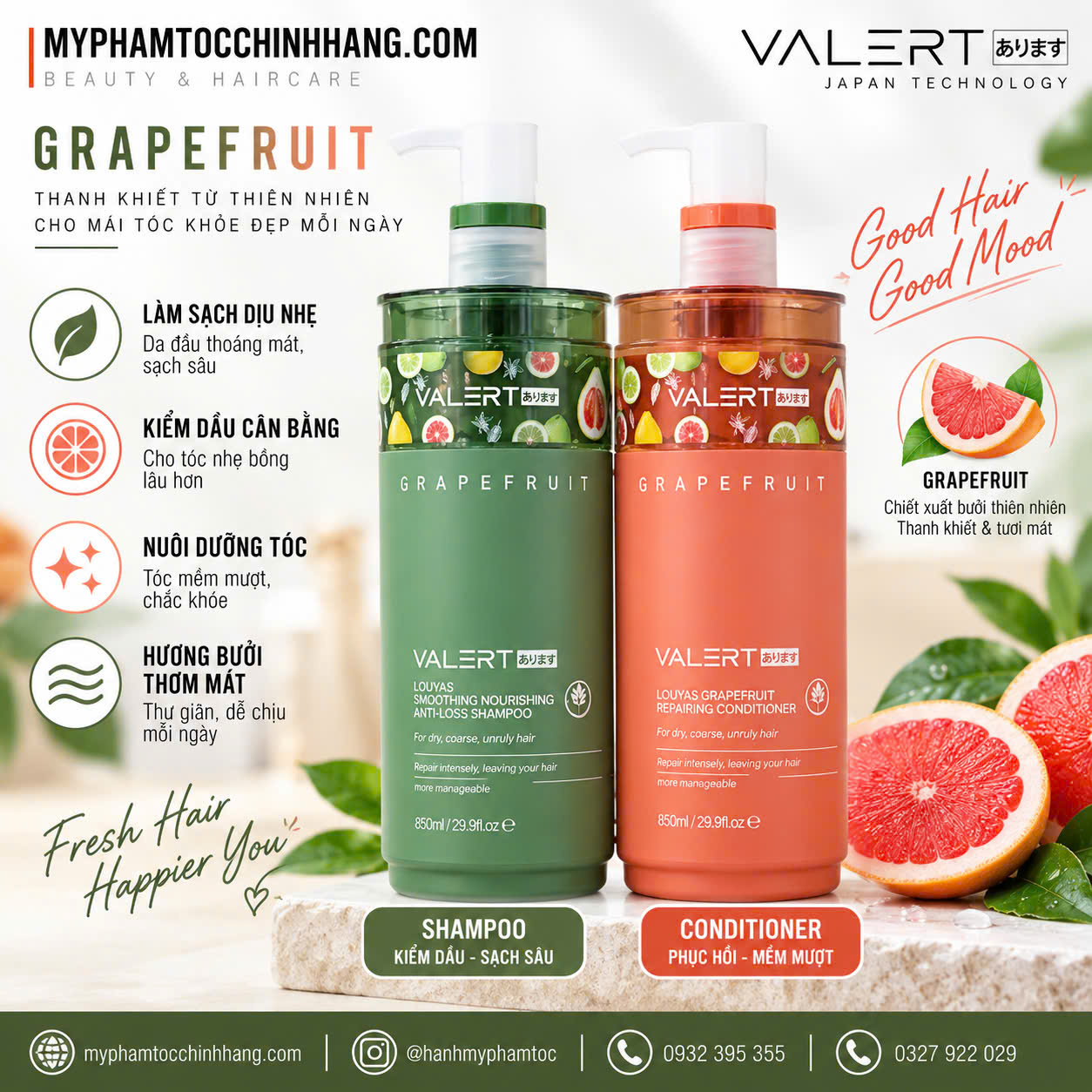 Cặp Gội Xả Bưởi Valert Grapefruit Mẫu Mới 2025 850ml