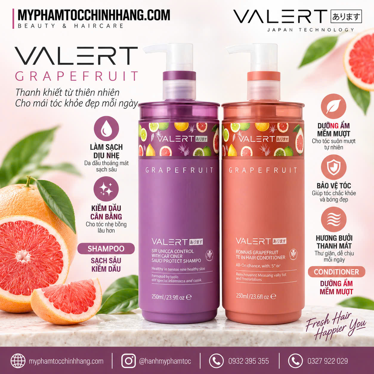 Cặp Gội Xả Bưởi Valert Grapefruit Mẫu Mới 2025 850ml