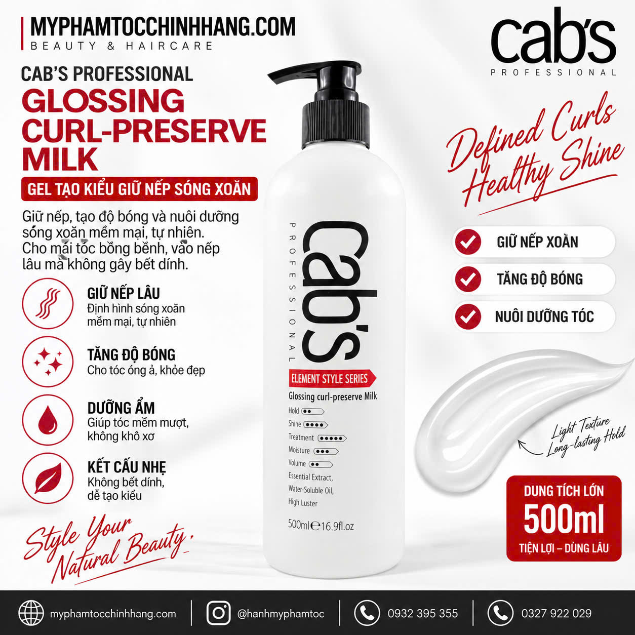 Gel Dưỡng Giữ Nếp Tóc Uốn CAB'S Curl Defining Nourishing Gel 500ml