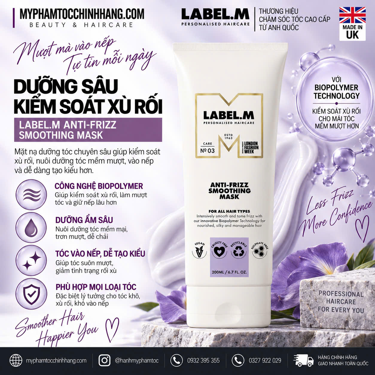 Mặt nạ làm mượt tóc chống xoăn xơ Label.m Anti-Frizz Smoothing Mask 200ml