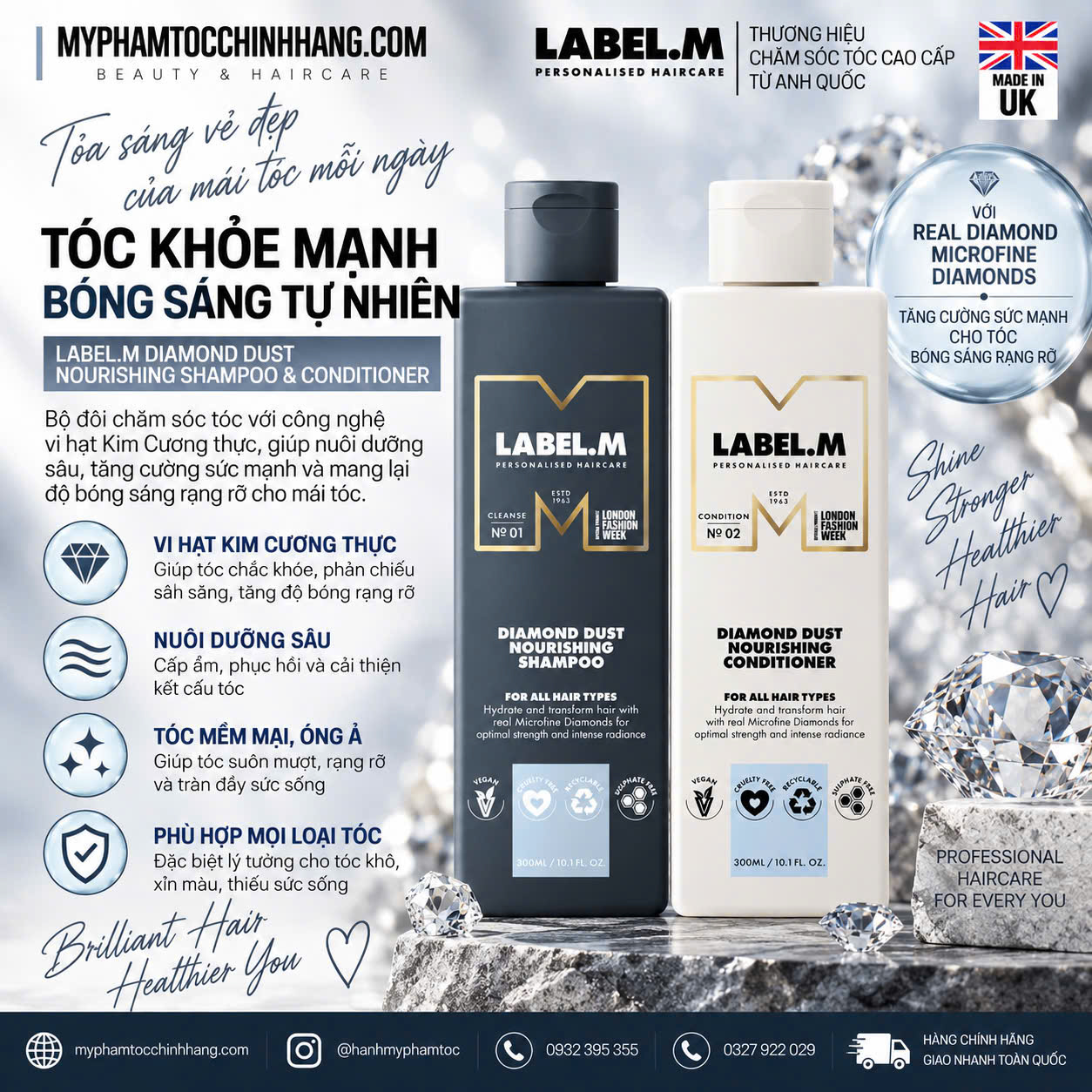 Dầu gội và dầu xả mềm mượt không gây nặng tóc Label.m Diamond Dust Nourishing  300ml 1000ml