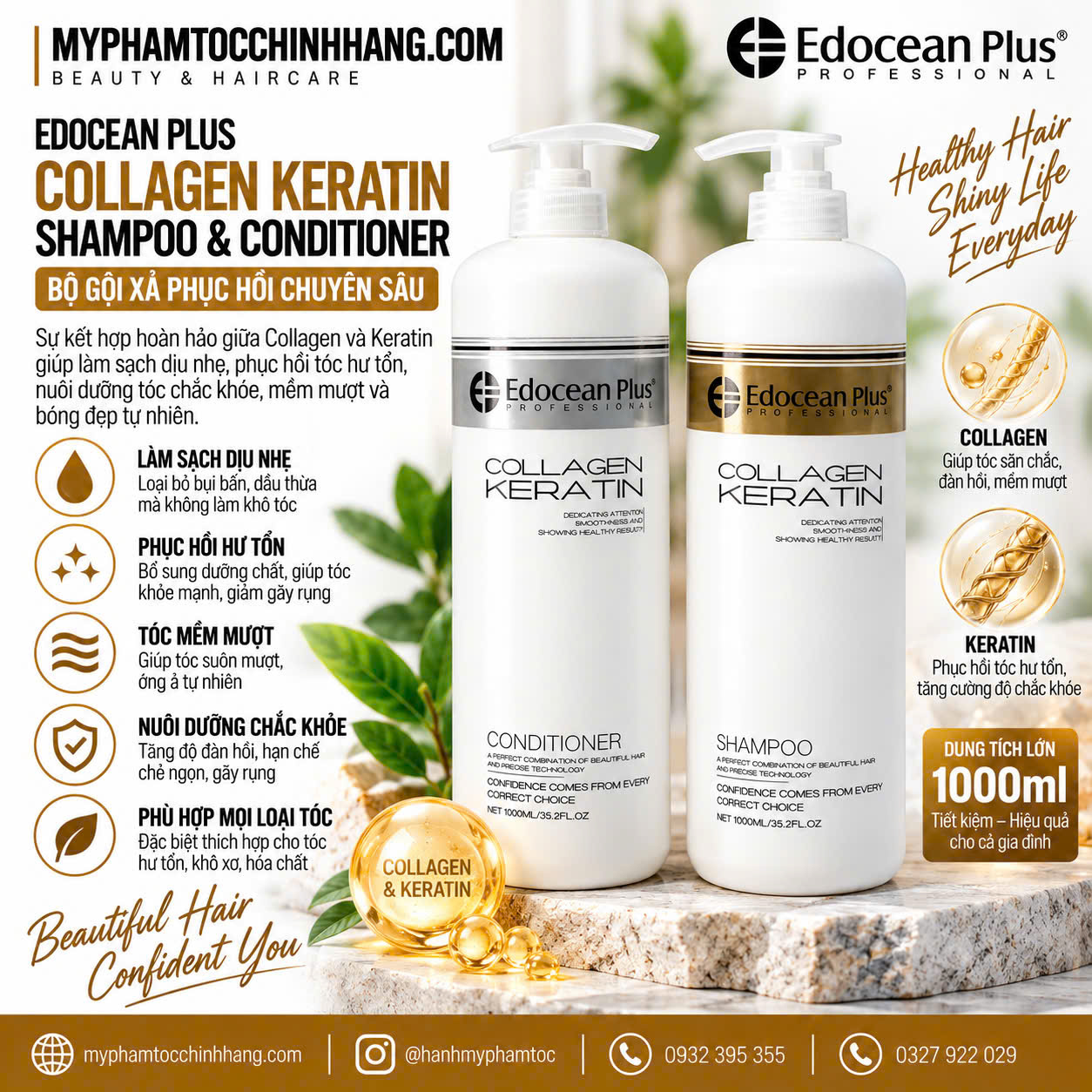 Gội xả Edocean Collagen Keratin Plus 1000ml