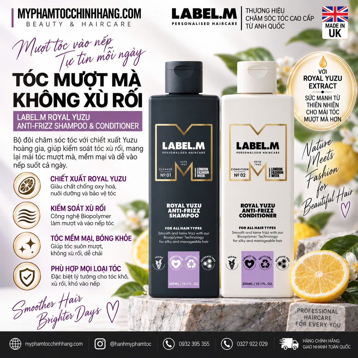Dầu gội và dầu xả chống xù rối Label.m ROYAL YUZU Anti-Frizz 300ML 1000ML
