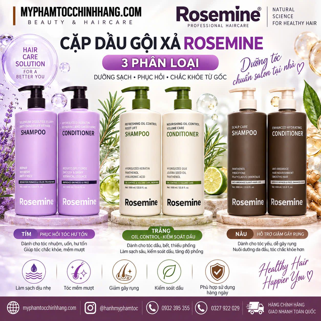 ROSEMINE PROFESSIONAL Gội xả giảm rụng, kiểm soát dầu tạo độ phồng và phục hồi tóc hư tổn 500 ml