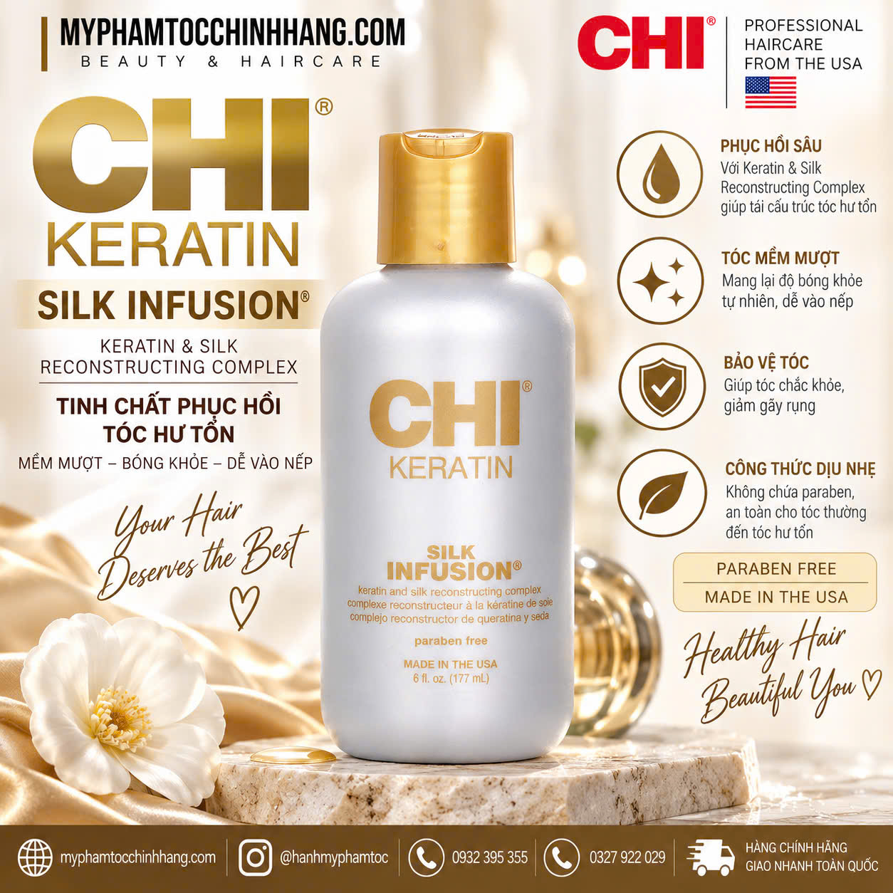 Tinh dầu dưỡng tóc CHI Keratin Silk Infusion(CHI Keratin Silk Infusion Leave-In Reconstructing Treatment)  59ml - 177ml