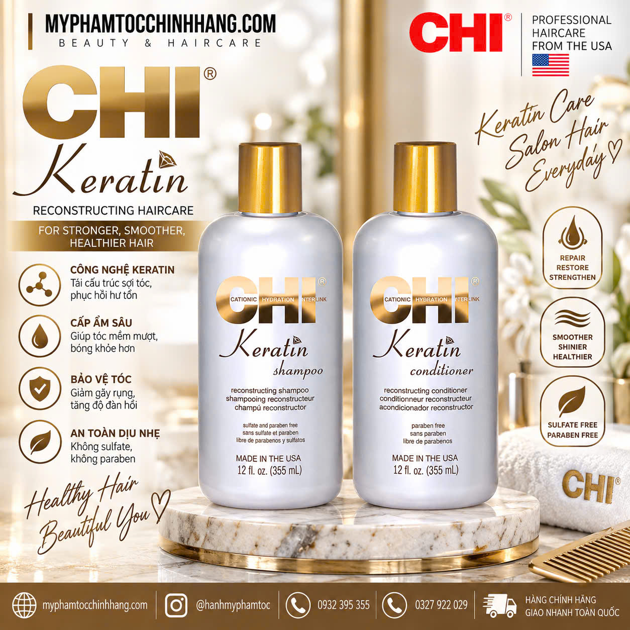 Dầu gội xả phục hồi CHI Keratin (CHI Keratin Reconstructing Shampoo & Conditioner) 355ml 946ml