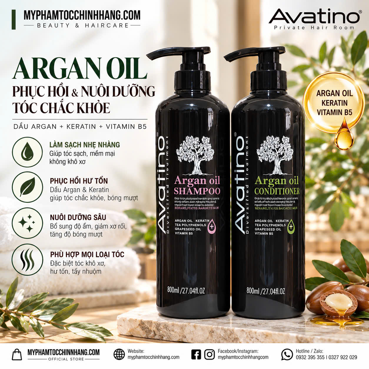 Dầu Gội xả Avatino Tinh Dầu Argan Phục Hồi Bổ Sung Dưỡng Chất Cho Tóc (Avatino Argan Oil Shampoo & Conditioner) 500ml 800ml