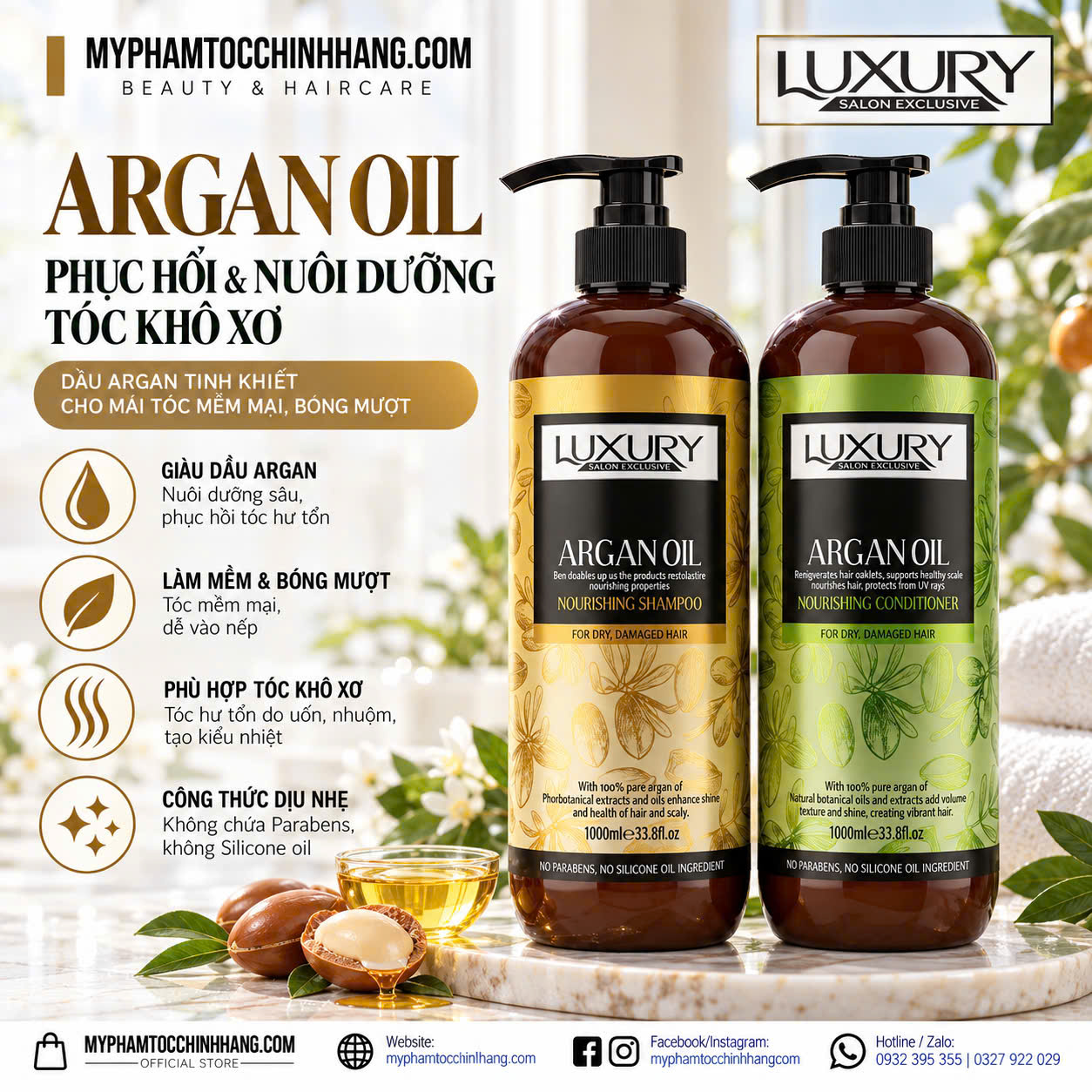 DẦU GỘI XẢ, HẤP, DẦU DƯỠNG TÓC TINH CHẤT ARGAN LUXURY 500ml - 1000ML