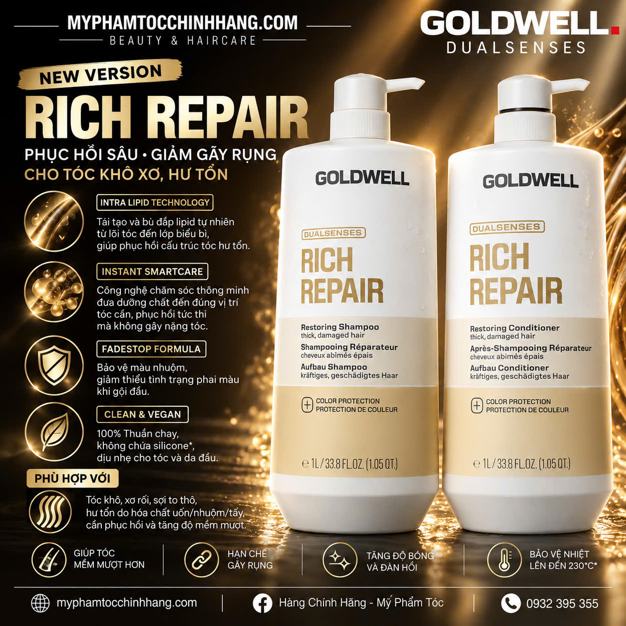 Dầu gội & xả, hấp, dưỡng phục hồi tóc hư tổn Goldwell Dualsenses Rich Repair Restoring