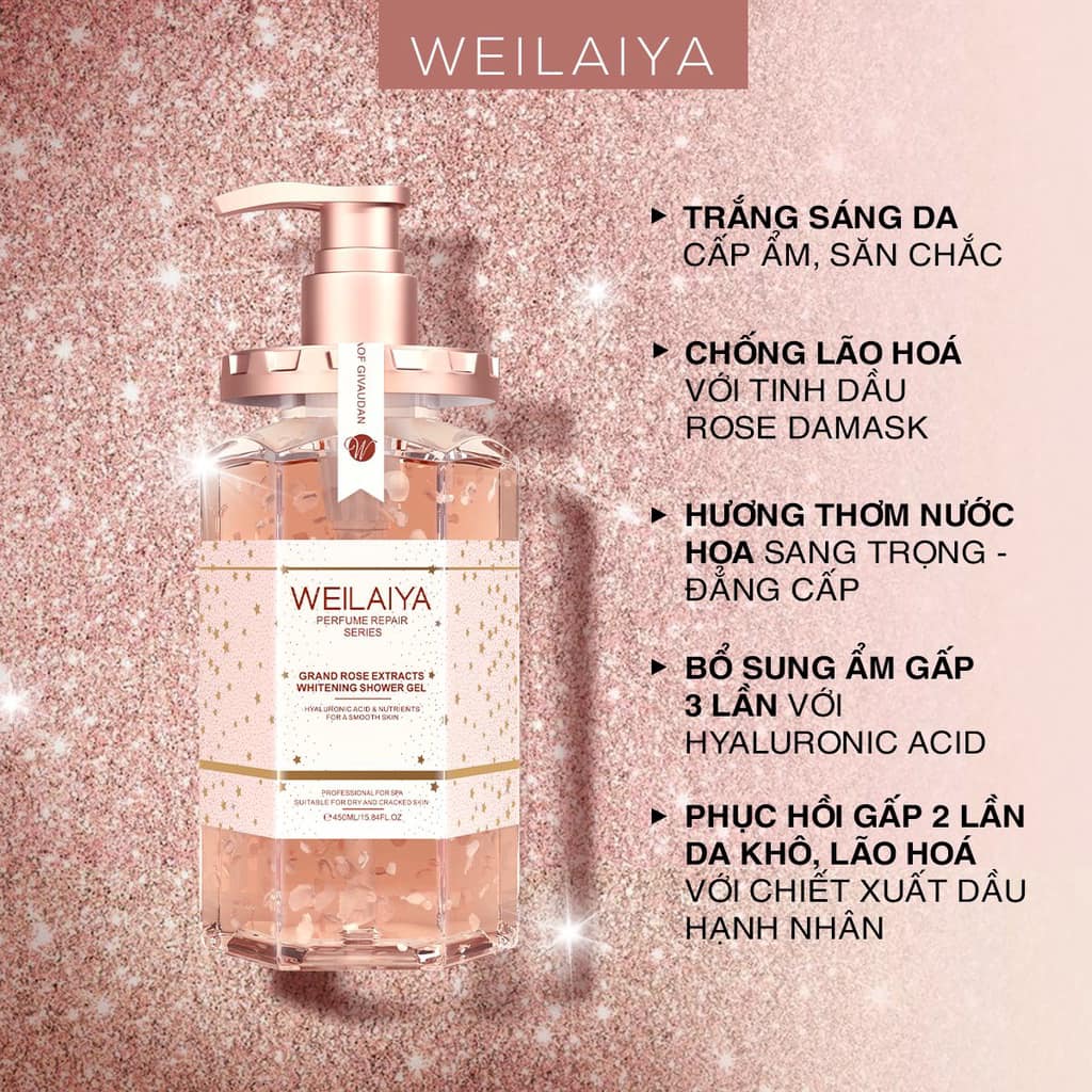 SỮA TẮM NƯỚC HOA TRẮNG DA WEILAIYA, TINH CHẤT HOA HỒNG DAMASK 450ML